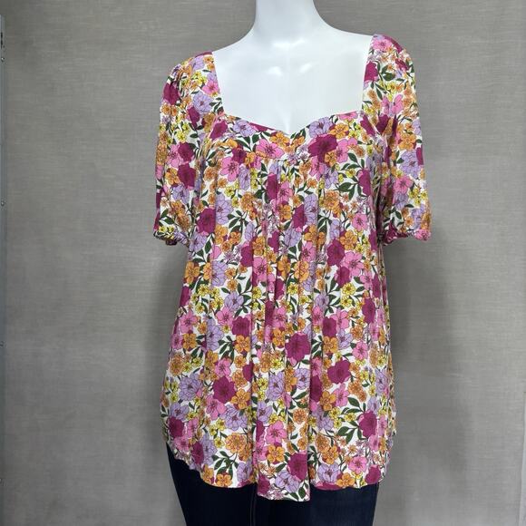 Draper James RSVP Bold Boho Floral Puff Sleeve Square Neck Lined Top Size Large - Picture 1 of 7